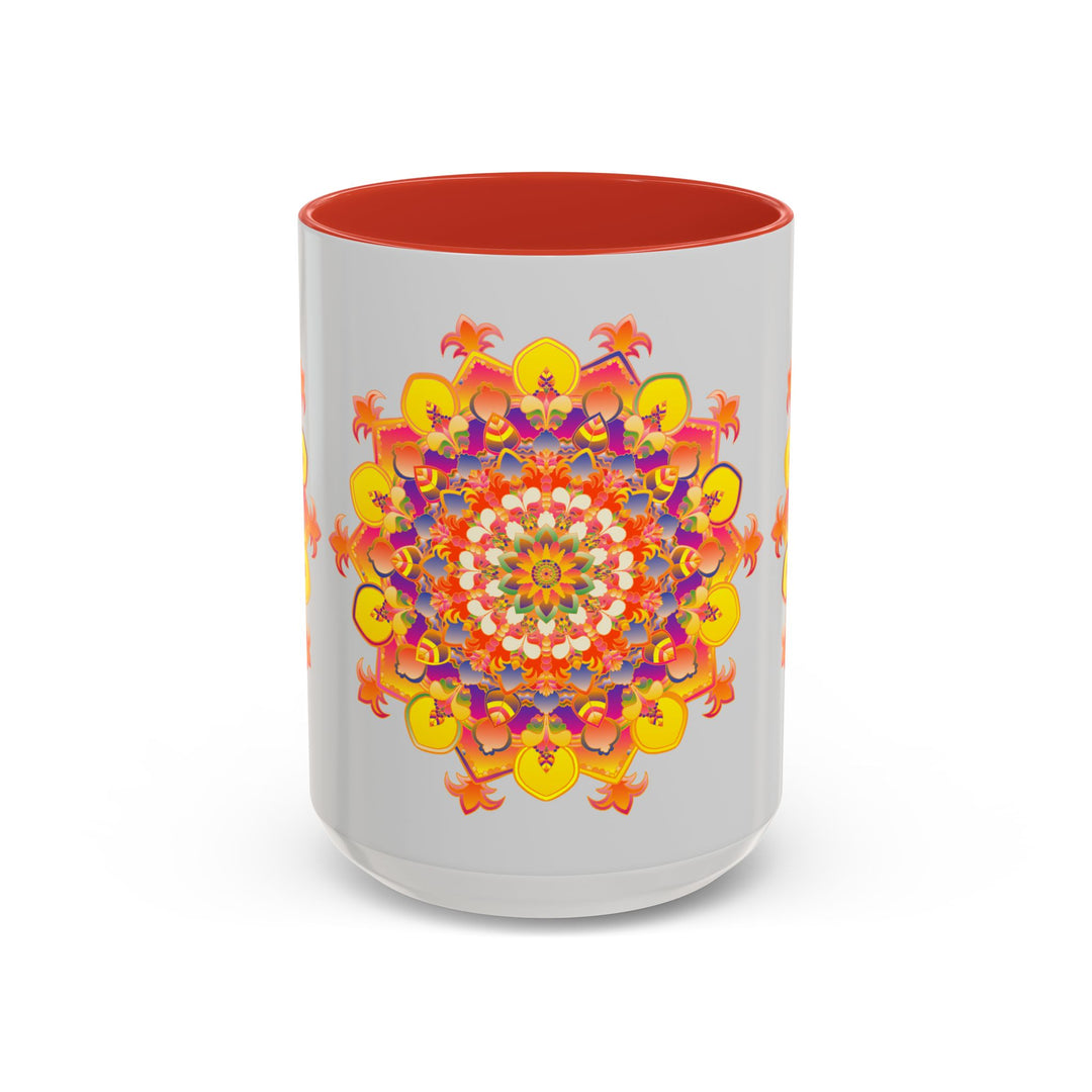 A vibrant mandala mug featuring colorful and intricate art designs