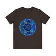 A close-up image of a dark blue and green mandala t-shirt featuring intricate spiritual art designs