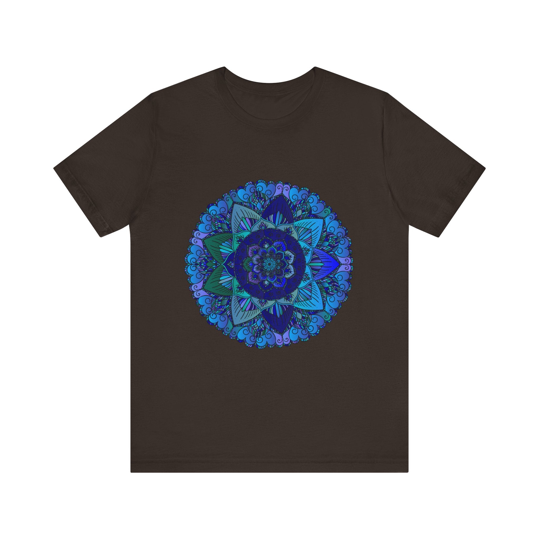 A close-up image of a dark blue and green mandala t-shirt featuring intricate spiritual art designs