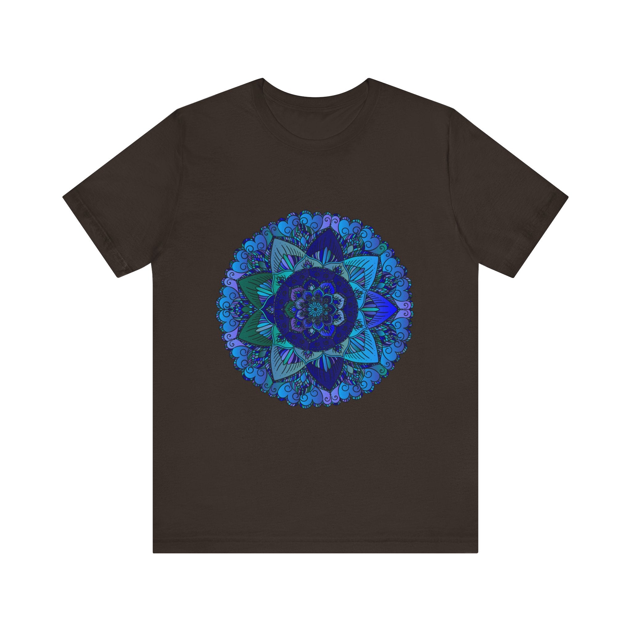 A close-up image of a dark blue and green mandala t-shirt featuring intricate spiritual art designs