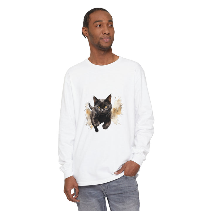 Black Cat Watercolor Sprint Unisex T-Shirt featuring a vibrant watercolor print of a black cat on a high-quality, comfortable unisex t-shirt