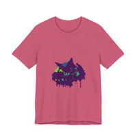A close-up image of a Black Cat Mystery T-shirt with colorful paint splatter design on a black background