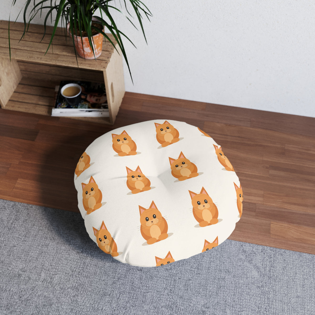Cuscino da Pavimento Rotondo Felpato — Simpatico Motivo Gatto Arancione, con Dettagli a Zampa e Spirale