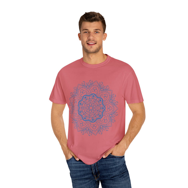 Colorful handcrafted mandala art design on unisex garment-dyed tshirt