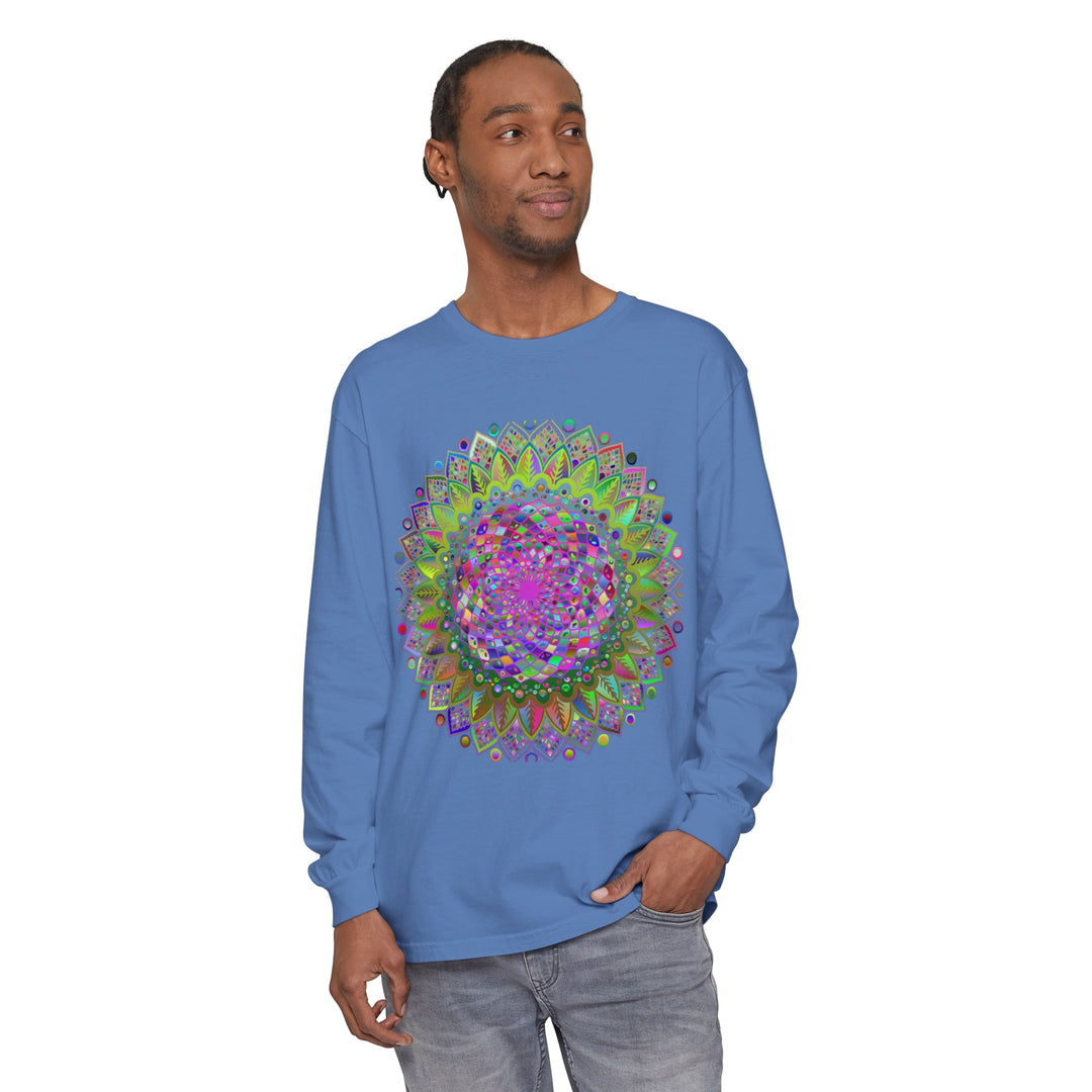 Colorful and intricate mandala design on a unisex long sleeve t-shirt