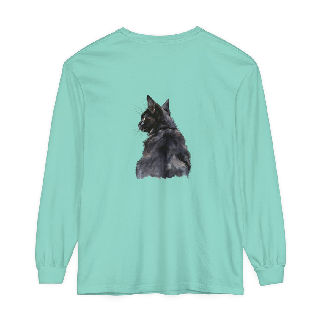 Black Cat Watercolor Long Sleeve T-Shirt with Unique and Artistic Design