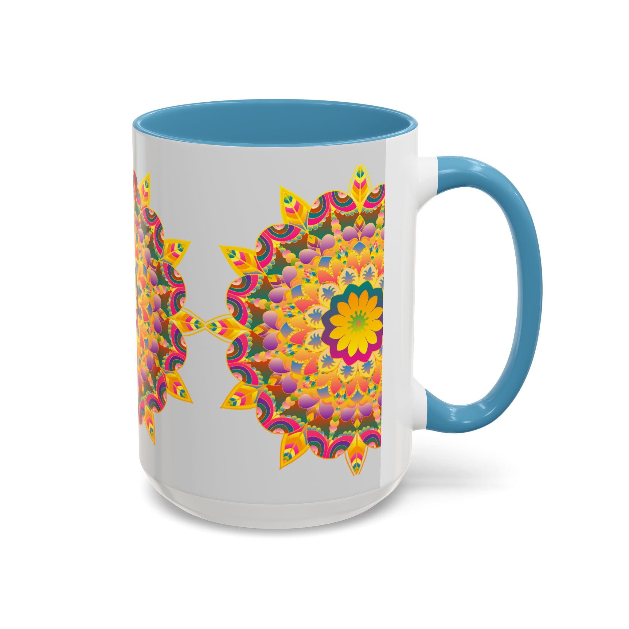 Colorful ceramic mug with intricate mandala art and vibrant floral design