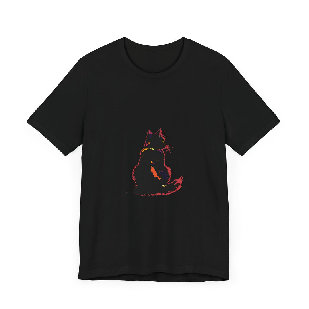 Black Cat Mystery T-Shirt - Shadowy Elegance: A black t-shirt featuring a mysterious feline silhouette against a moonlit backdrop, exuding a sense of elegant enigma