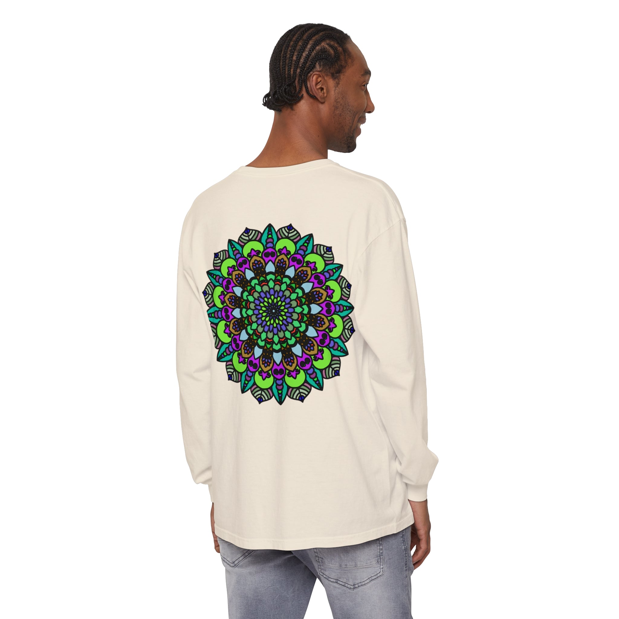 Colorful and intricate psychedelic mandala design on a unisex long sleeve t-shirt