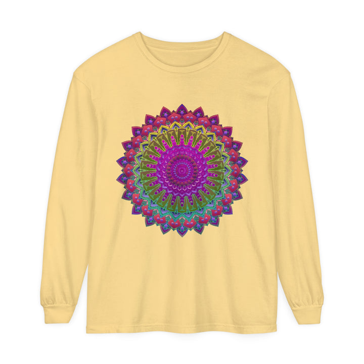 Close-up of Vibrant Mandala Unisex Long Sleeve T-Shirt Print Quality and Detail