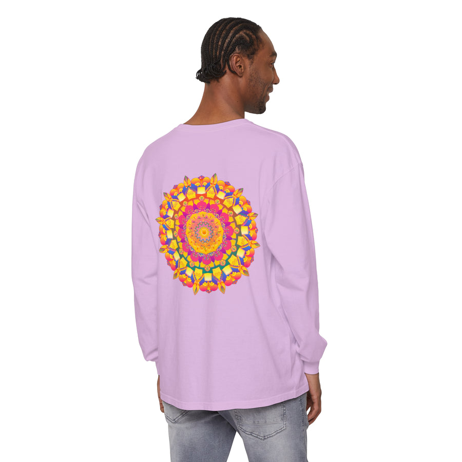 Vibrant and intricate colorful mandala long sleeve t-shirt featuring psychedelic art