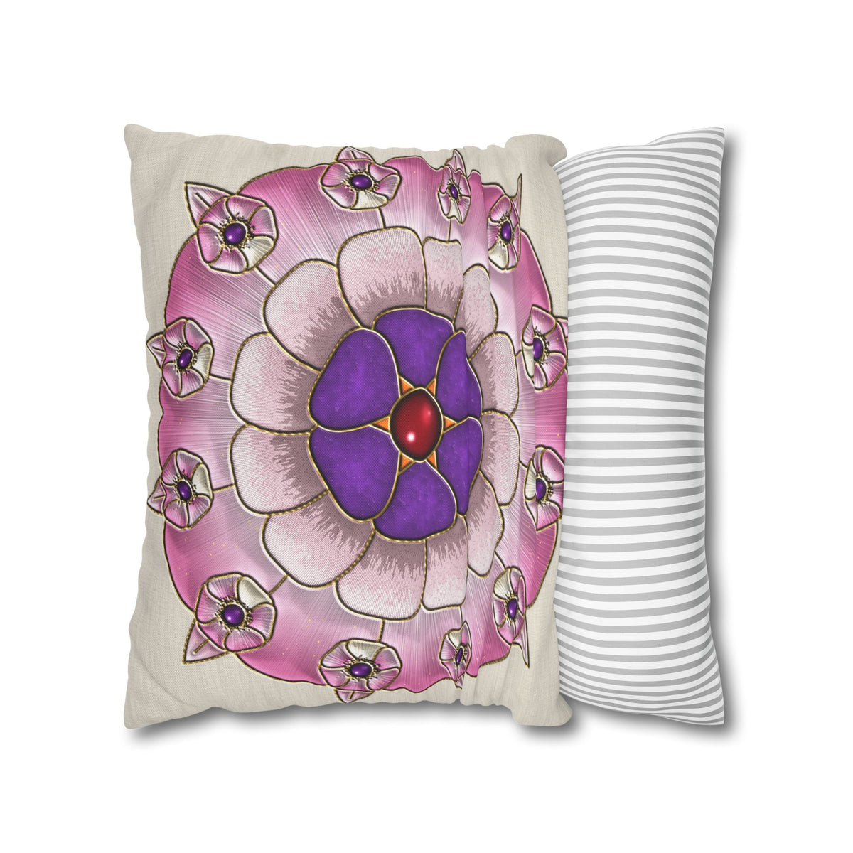 Federa quadrata con motivo a mandala floreale rosa e viola