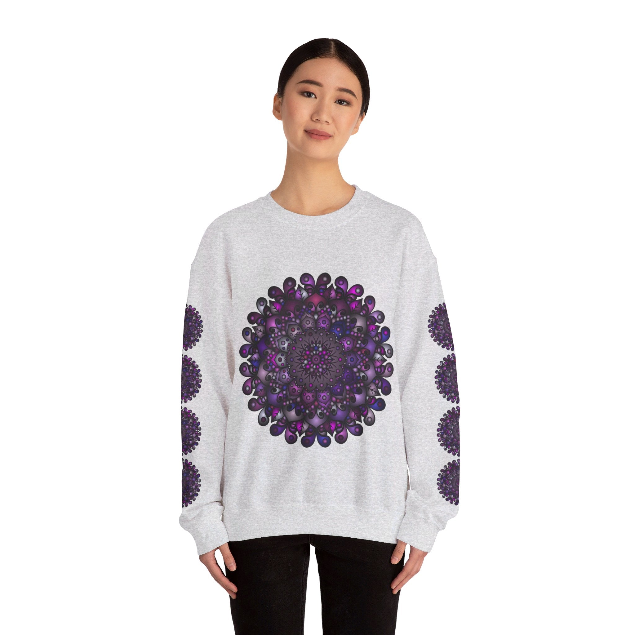 A cozy and stylish unisex heavy blend crewneck sweatshirt featuring a vibrant purple mandala design