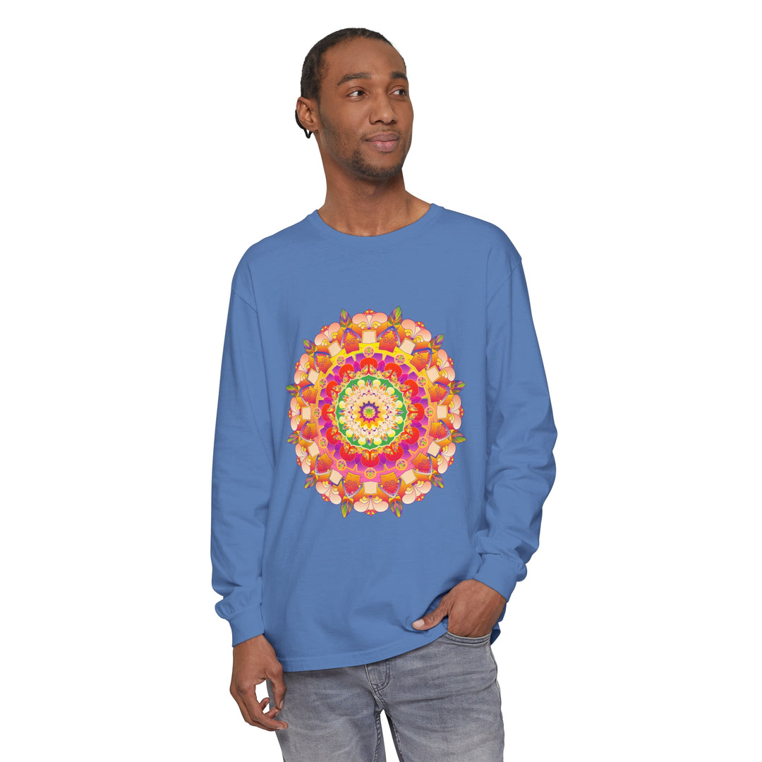 Colorful and intricate mandala design on a unisex long sleeve t-shirt