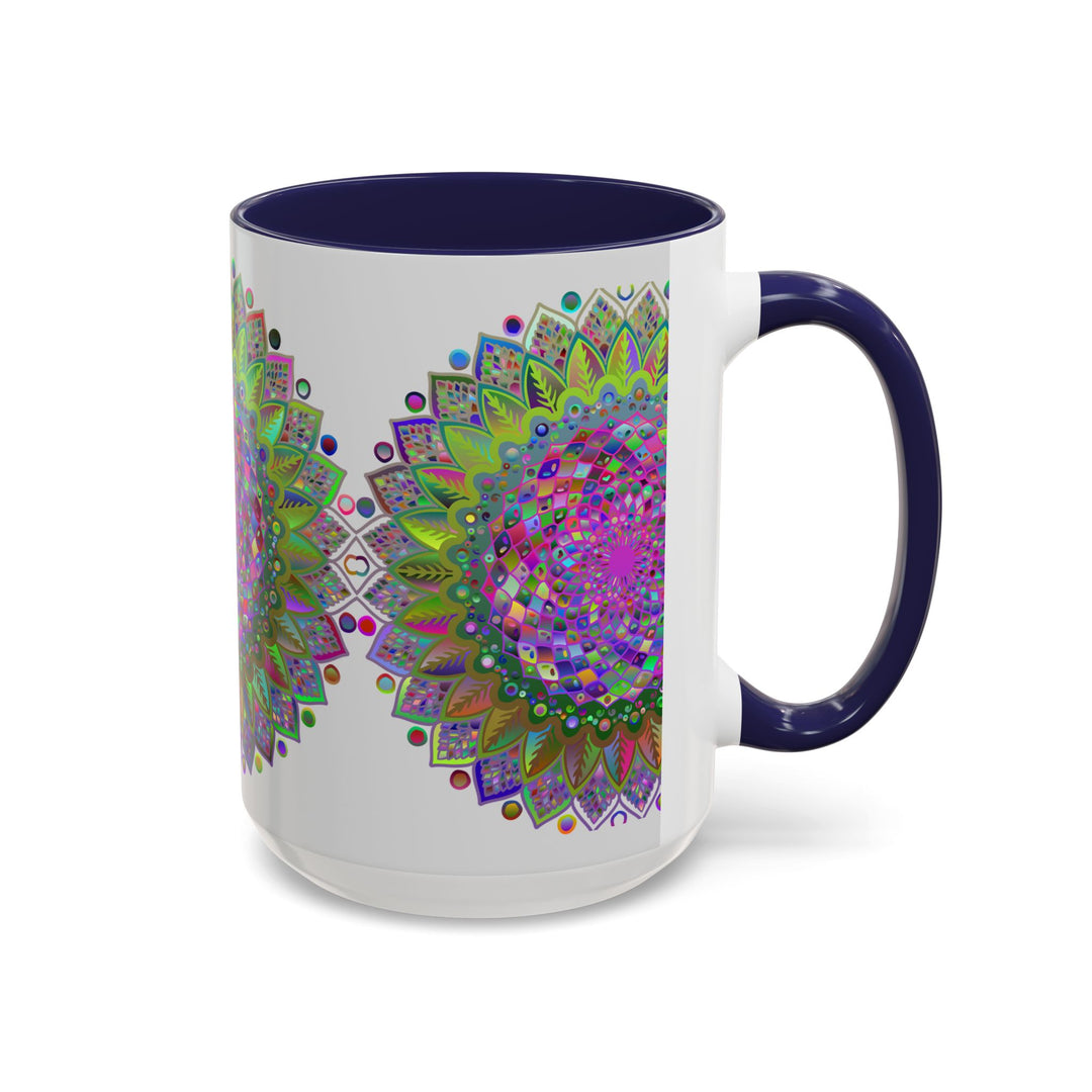 Beautiful and vibrant mandala design mug on a grey background