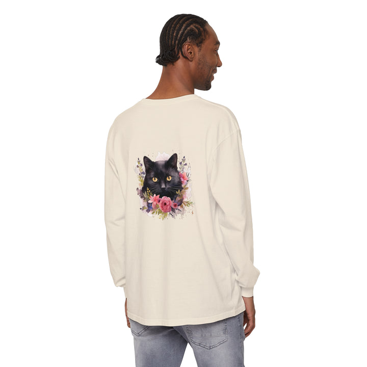 Black Cat Floral Watercolor Long Sleeve T-Shirt with vibrant watercolor design