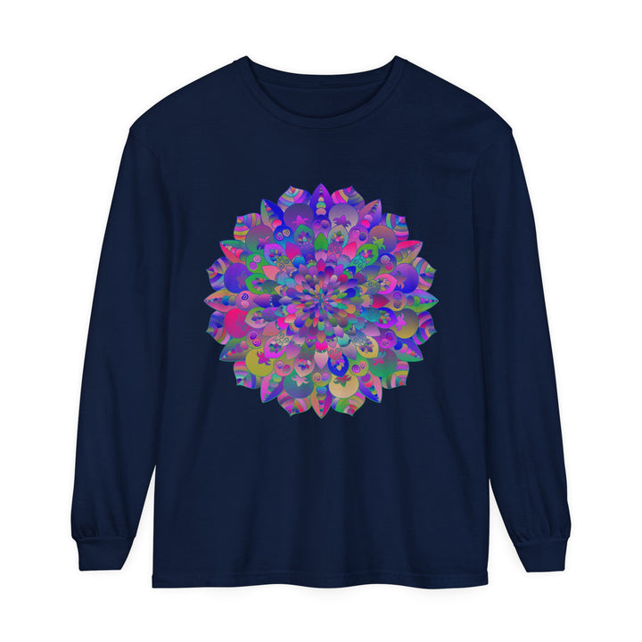 Colorful mandala design long sleeve t-shirt, perfect for adding a pop of vibrant style to your wardrobe