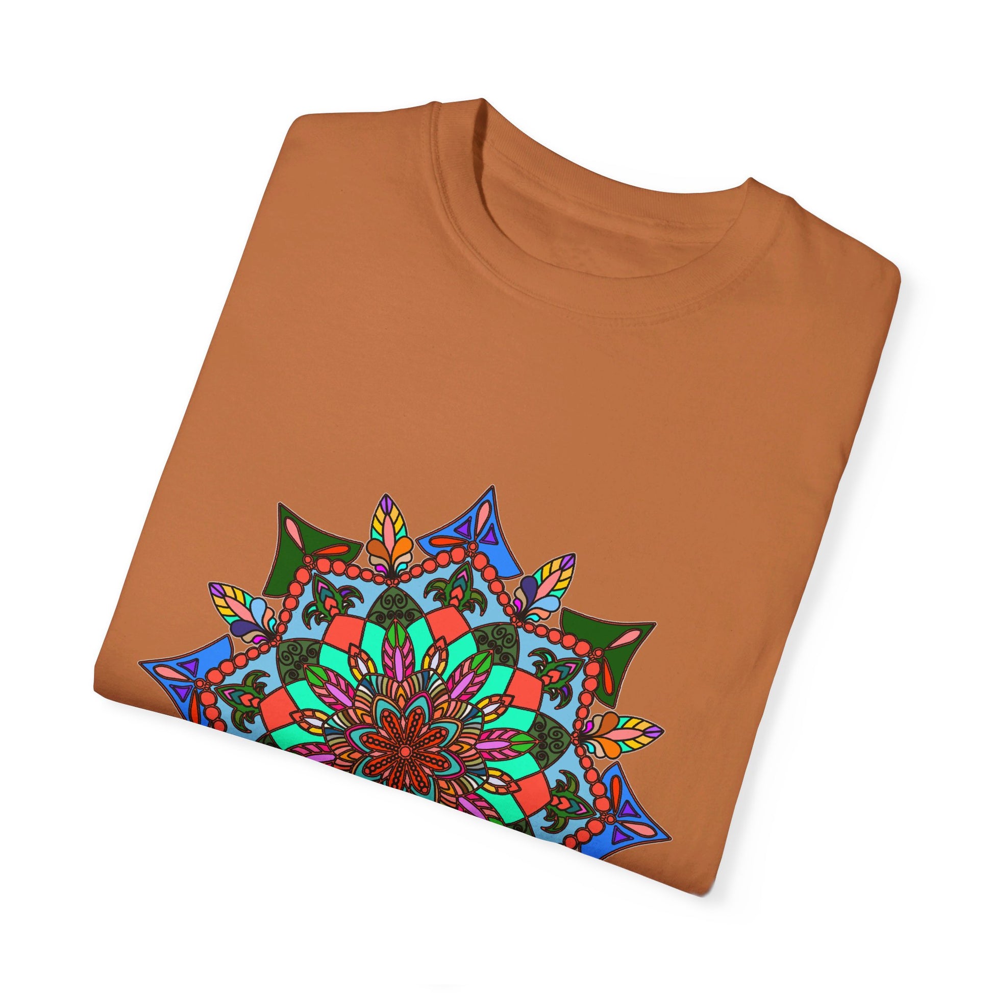 Unisex mandala t-shirt made from 100% ring-spun cotton, hand-drawn mandala art, and garment-dyed for extra comfort