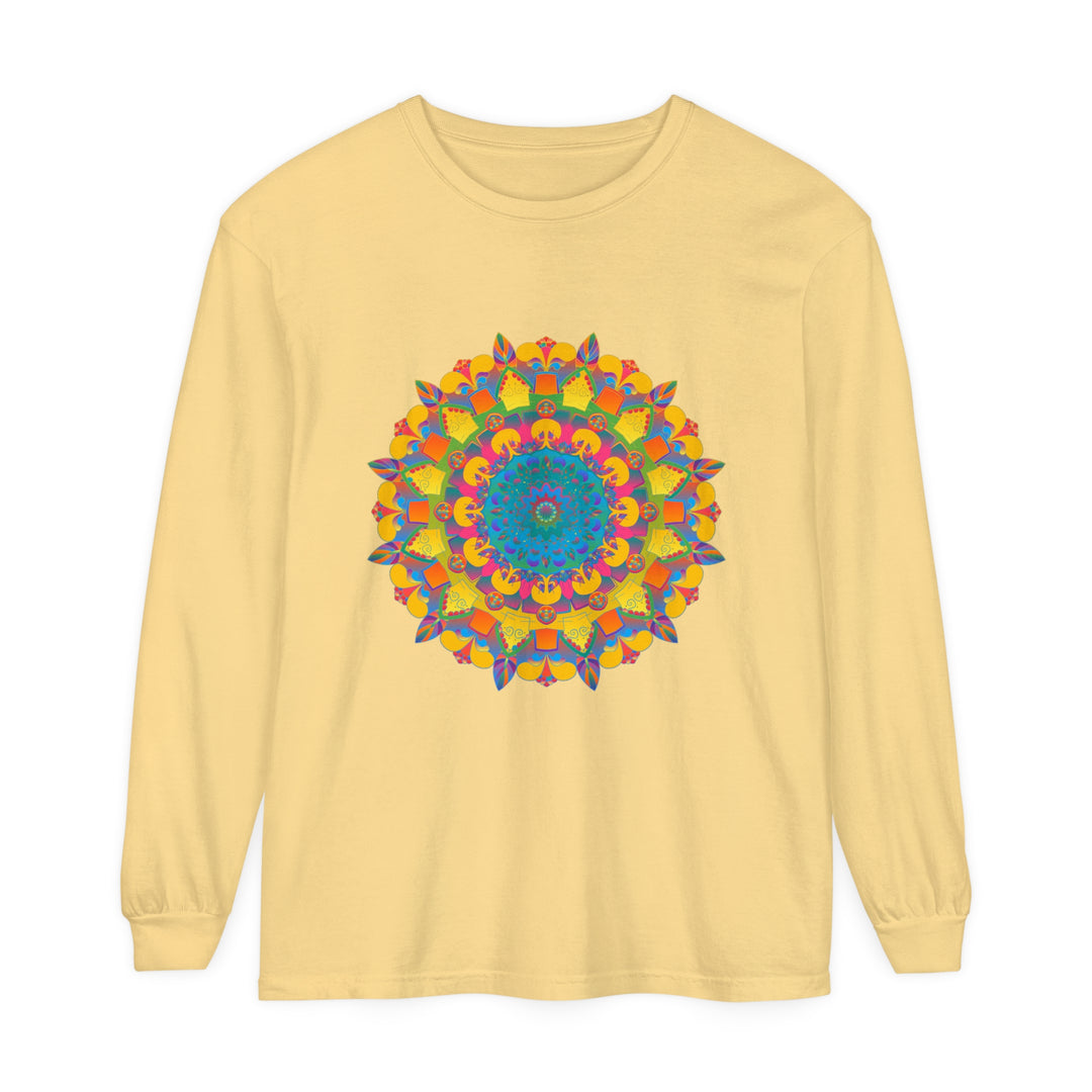 Colorful and intricate mandala design featured on unisex long sleeve t-shirt