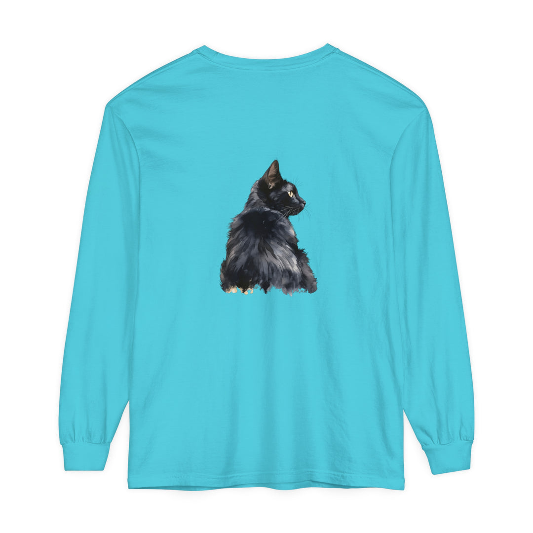 Black Cat Watercolor Long Sleeve T-Shirt, a comfortable and stylish top featuring a vibrant watercolor design of a black cat on a long-sleeve t-shirt