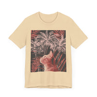 Adorable ginger cat lounging under a palm tree on a stylish tee