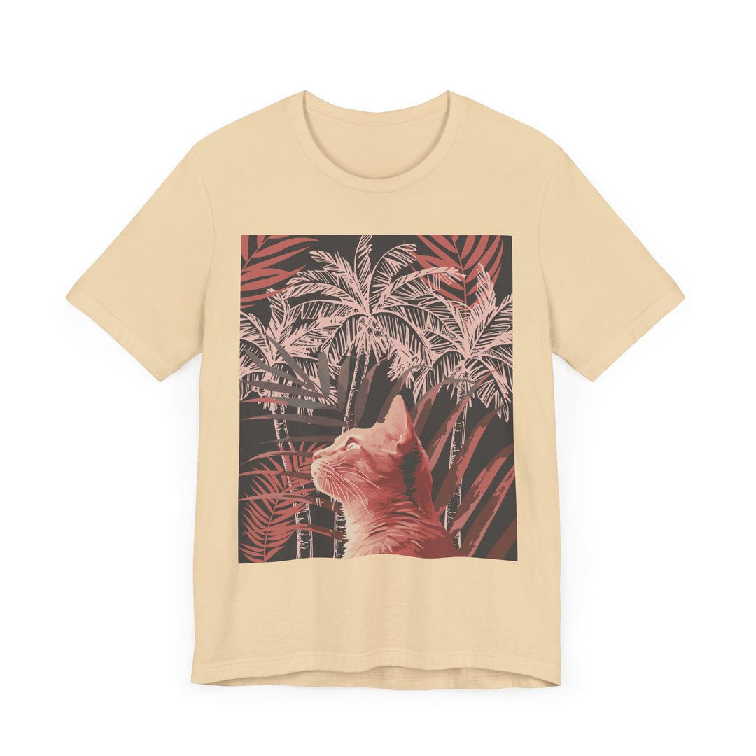 Adorable ginger cat lounging under a palm tree on a stylish tee