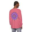 Vibrant purple and gold mandala design long sleeve t-shirt on white background