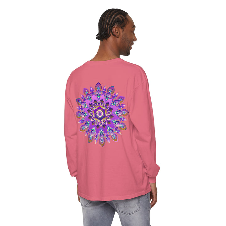 Vibrant purple and gold mandala design long sleeve t-shirt on white background