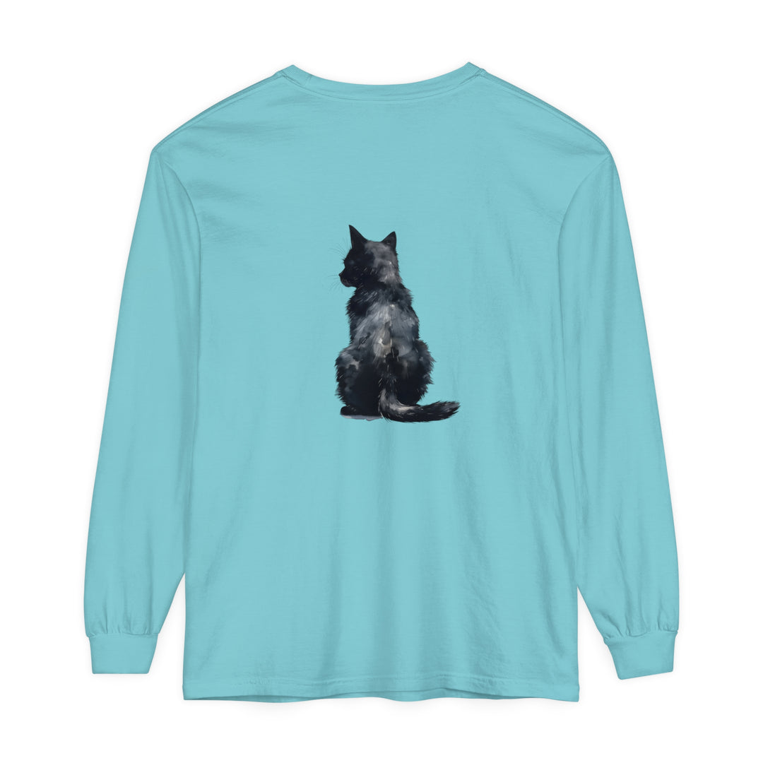 Black Cat Watercolor Long Sleeve T-Shirt with vibrant watercolor design of a black cat on a comfortable long sleeve shirt