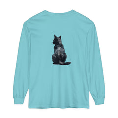 Black Cat Watercolor Long Sleeve T-Shirt with vibrant watercolor design of a black cat on a comfortable long sleeve shirt