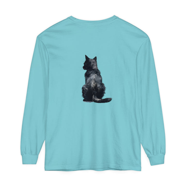 Black Cat Watercolor Long Sleeve T-Shirt with vibrant watercolor design of a black cat on a comfortable long sleeve shirt