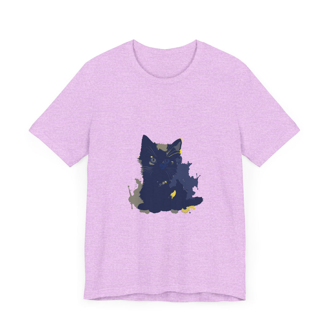 Midnight Blue Cat Mystery T-Shirt with colorful feline design and intricate patterns