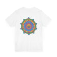A vibrant and colorful mandala tee with intricate spiritual design symbolizing peace and harmony
