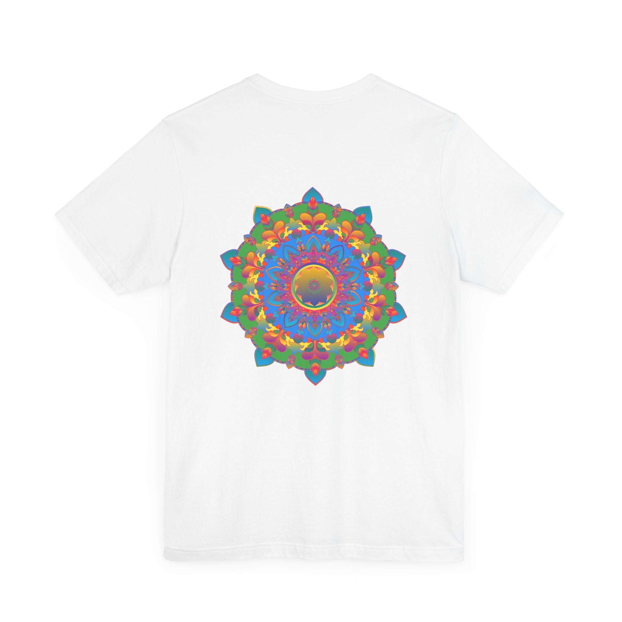 A vibrant and colorful mandala tee with intricate spiritual design symbolizing peace and harmony