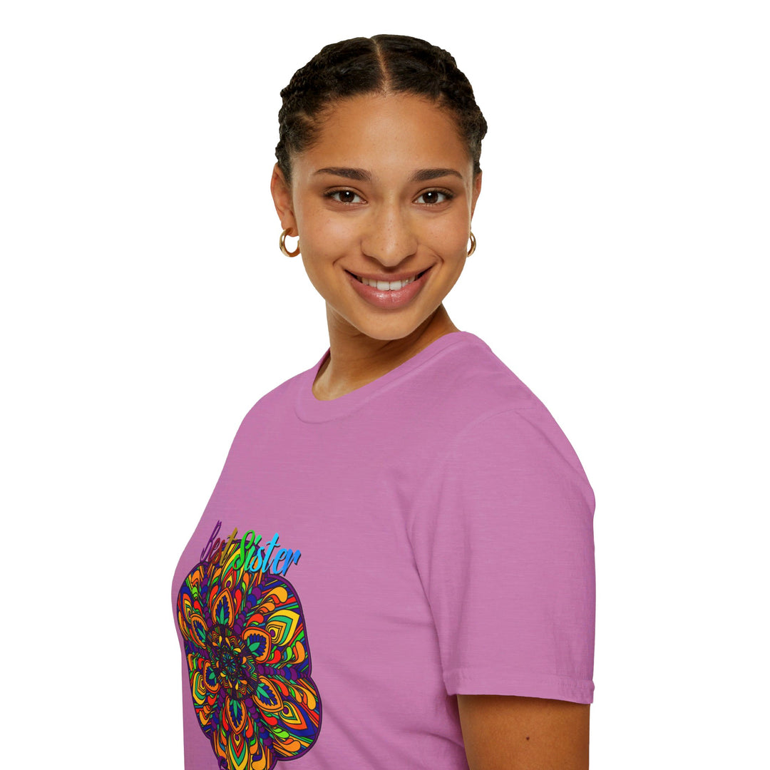 A beautiful unisex softstyle t-shirt featuring a hand-drawn mandala art design, perfect as a gift for a sister