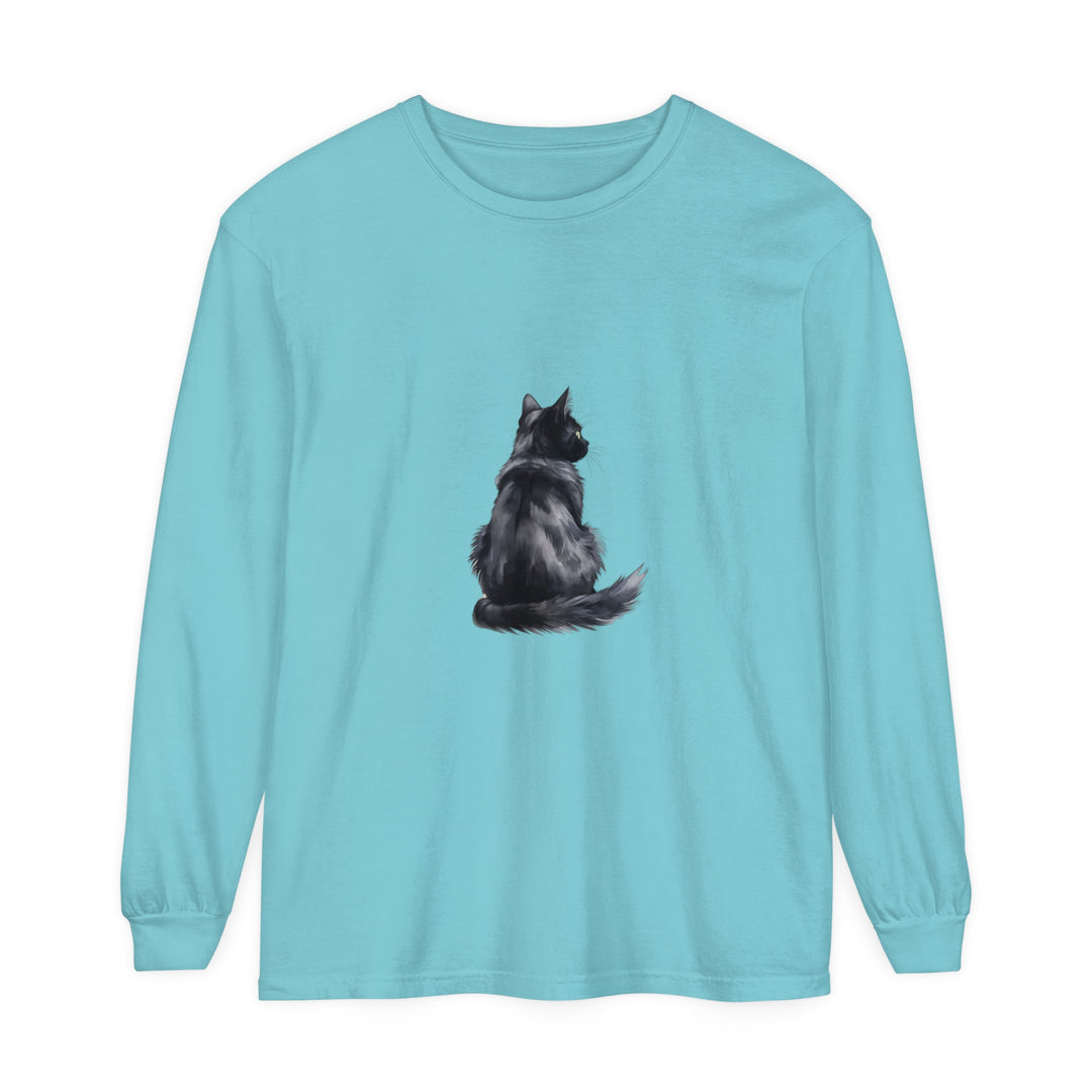 Black Cat Watercolor Long Sleeve T-Shirt: a stylish, comfortable shirt featuring a watercolor design of a black cat on a long sleeve, perfect for cat lovers