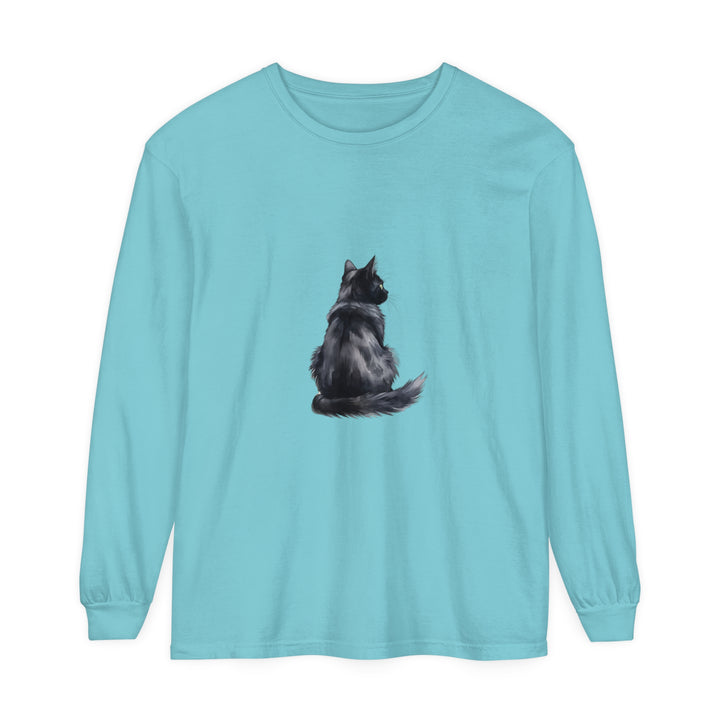 Black Cat Watercolor Long Sleeve T-Shirt: a stylish, comfortable shirt featuring a watercolor design of a black cat on a long sleeve, perfect for cat lovers