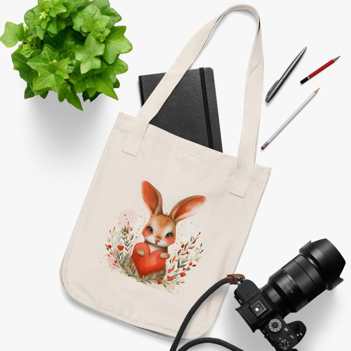 Cute Rabbit Love Organic Canvas Tote Bag, Eco-Friendly Gift for Animal Lovers, Reusable Shopping Bag, Spring Decor, Bunny Lover Tote
