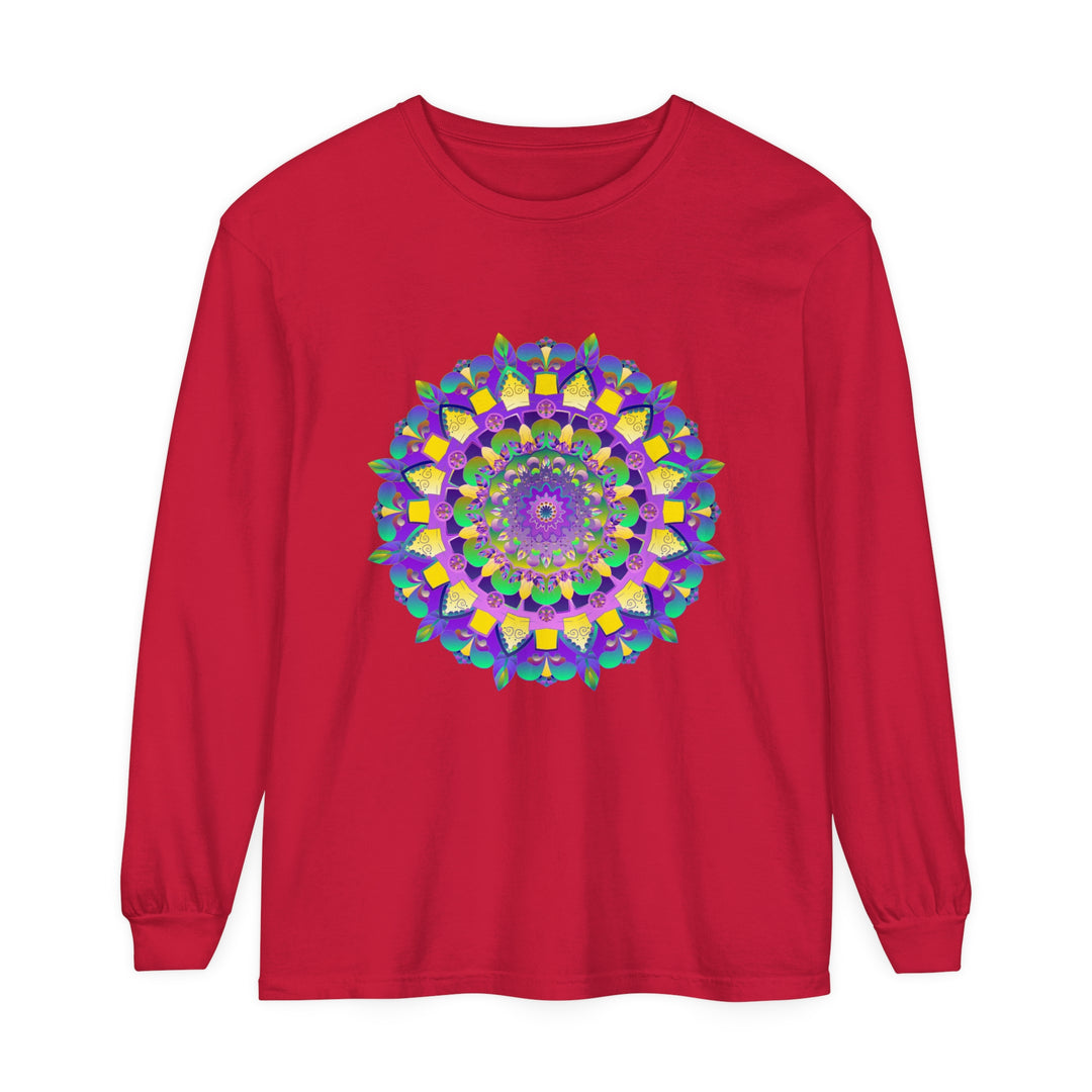 Colorful and intricate mandala design on a unisex long sleeve t-shirt