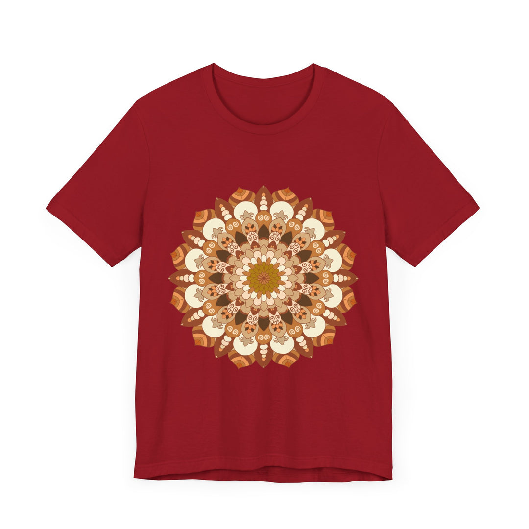 A close-up image of a brown and orange Intricate Mandala Tee, featuring intricate mandala designs in vibrant colors, perfect for adding a touch of bohemian style to your wardrobe