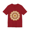 A close-up image of a brown and orange Intricate Mandala Tee, featuring intricate mandala designs in vibrant colors, perfect for adding a touch of bohemian style to your wardrobe