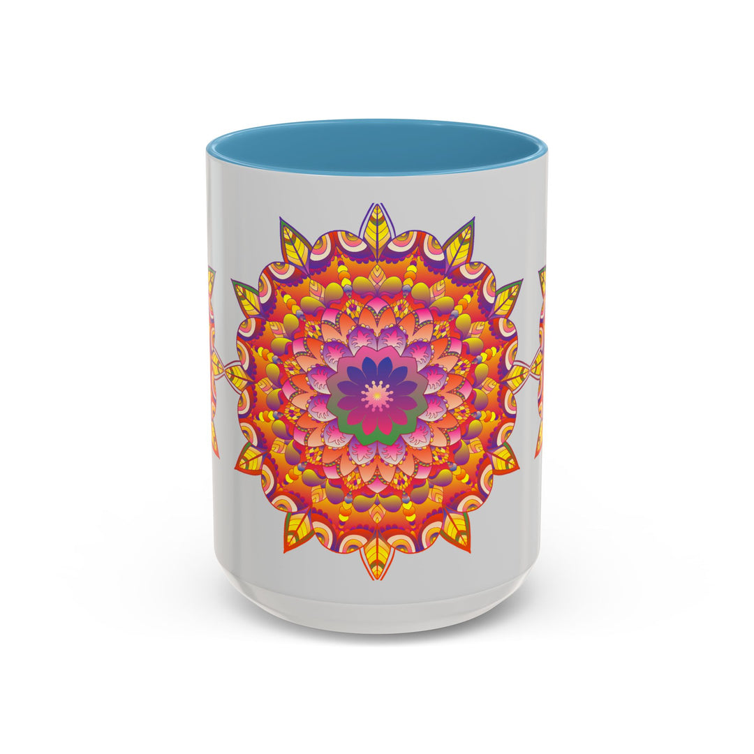 Beautiful ceramic mug featuring a colorful floral mandala design in vibrant shades