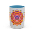 Beautiful ceramic mug featuring a colorful floral mandala design in vibrant shades