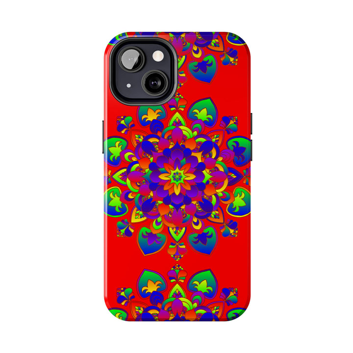 Hand drawn mandala art in red and white on a phone case, a unique and intricate design perfect for adding a touch of elegance to your phone