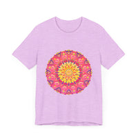 Vibrant and colorful mandala design on a t-shirt, featuring symmetrical patterns and eye-catching hues