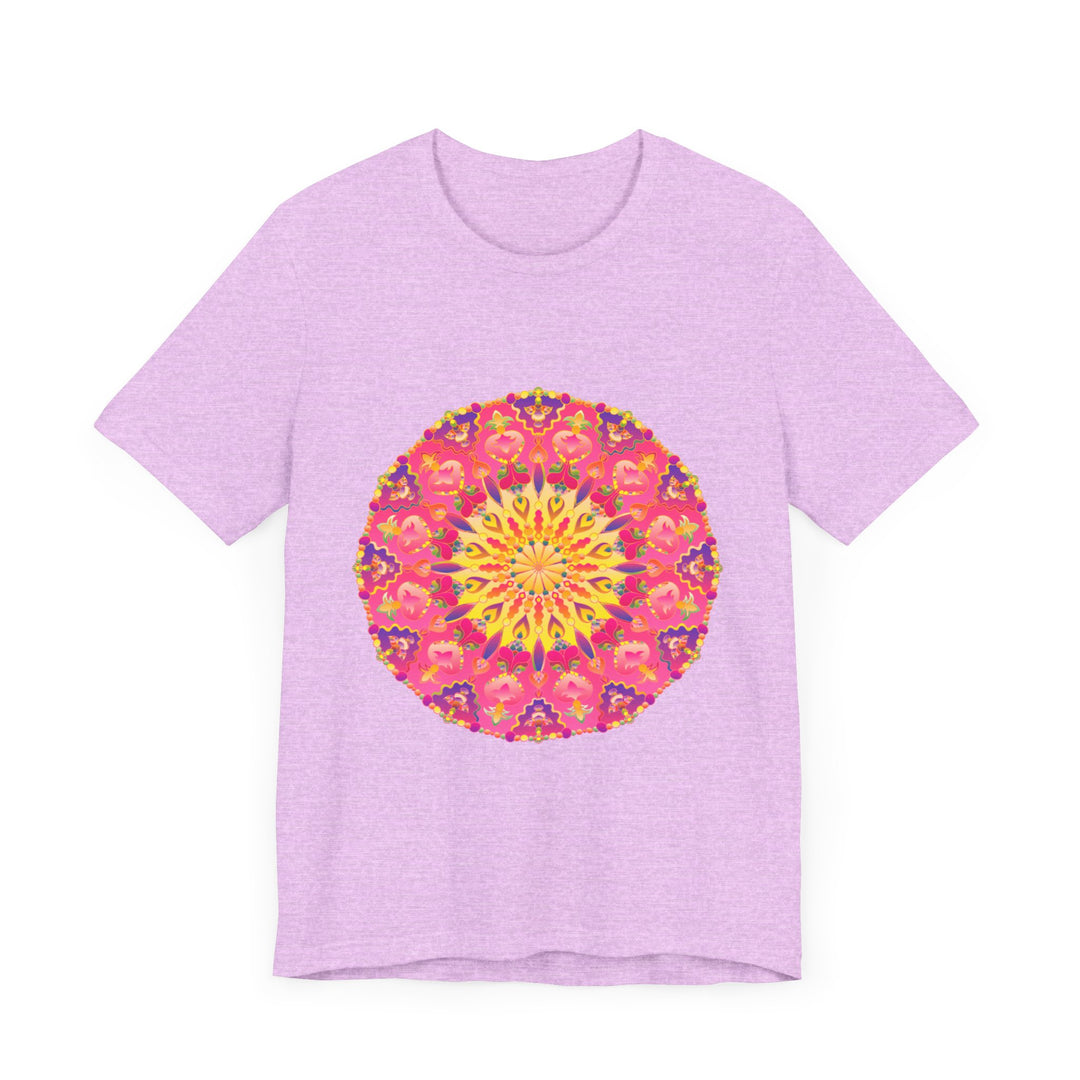 Vibrant and colorful mandala design on a t-shirt, featuring symmetrical patterns and eye-catching hues