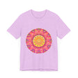 Vibrant and colorful mandala design on a t-shirt, featuring symmetrical patterns and eye-catching hues