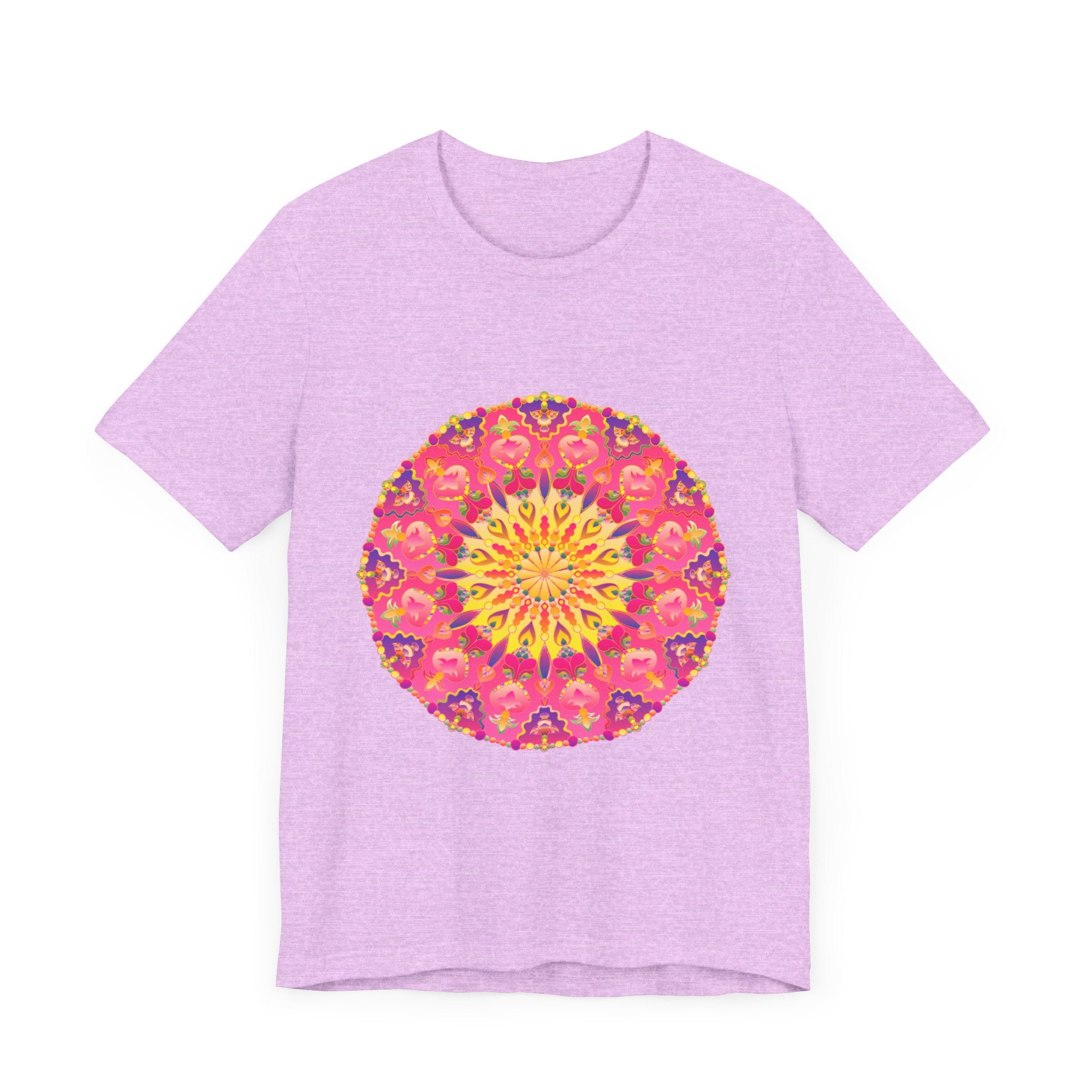 Vibrant and colorful mandala design on a t-shirt, featuring symmetrical patterns and eye-catching hues