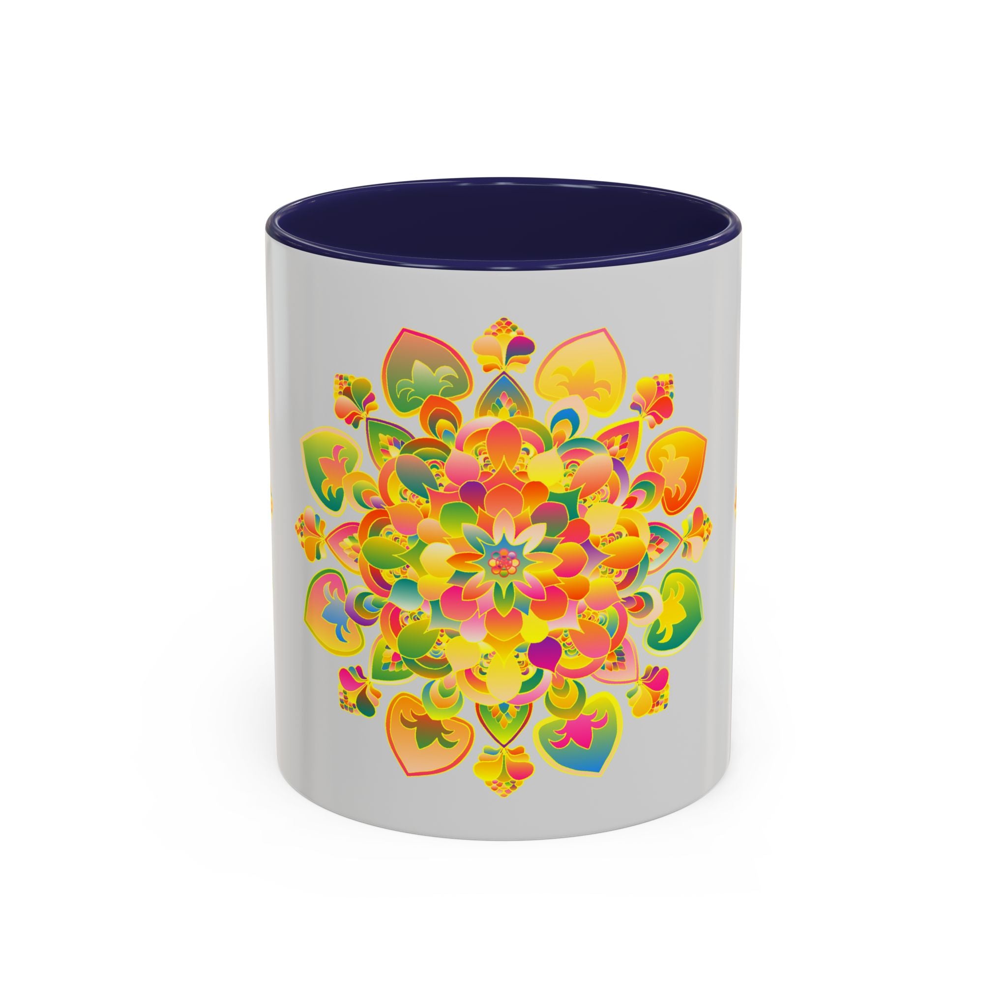 Colorful mandala art mug with intricate floral design and vibrant colors