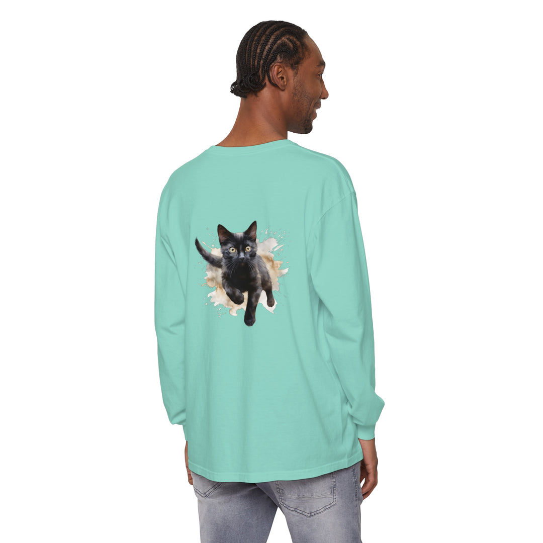 Black Cat Watercolor Splash T-Shirt with vibrant colors and unique design